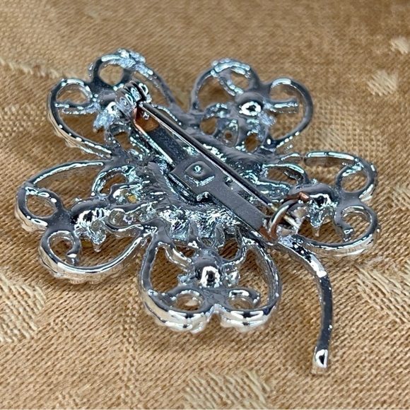 VINTAGE FLORAL BROOCH PIN RHINESTONE CLOVER EVENT RETRO - Picture 6 of 7